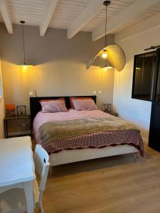 a bedroom with a large bed with pink pillows at Le Cottage in Saint-Jean-de-Bournay