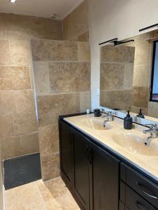 a bathroom with two sinks and a shower at Le Cottage in Saint-Jean-de-Bournay +14 photos