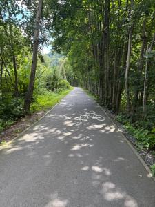 a road with a bike on the side of it at Domek u Hani - domek 6 osobowy, z ogrodem i tarasem, Wisła in Wisła