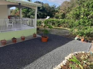 a patio with potted plants next to a house at akaixora -ixora in Le Moule