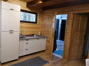 a bathroom with a sink and a shower in a cabin at Domek letniskowy Marksewo Łoś in Marksoby
