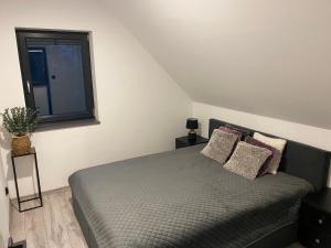 a bedroom with a bed with pillows and a window at Leśna Przystań Kaszuby in JeleÅ„ska Huta