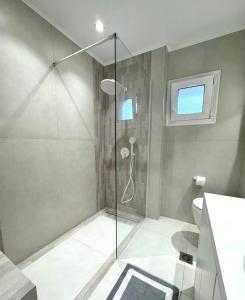 a shower with a glass door in a bathroom at Holiday Dream Artemis Apartment in Mastihari
