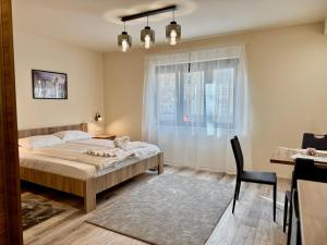a bedroom with a bed and a window at AKZ Apartman in Makó