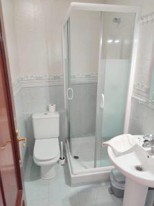 a bathroom with a shower and a toilet and a sink at Fuerte El Mazo in El Dueso +16 photos