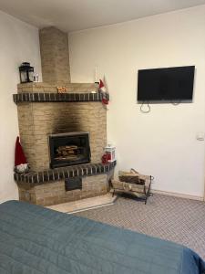 a living room with a fireplace with a flat screen tv at Гостьовий двір in Yaremche