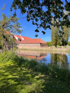 a building with a red roof next to a lake at Aamølle Gæstgiveri in Hadsund +36 photos