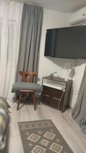 a room with a chair and a desk and a television at PRIDVOR de STOENESTI in Bîrlogu