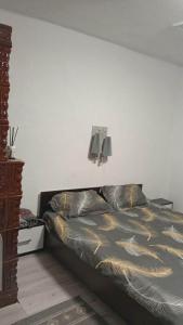 a bed in a room with a lamp on the wall at PRIDVOR de STOENESTI in Bîrlogu +28 photos