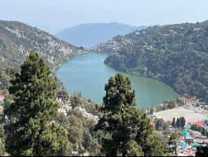 a lake in the middle of a mountain with trees at Peaks n Pines in Nainital