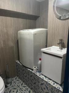 a small bathroom with a sink and a toilet at Studio D in Willemstad