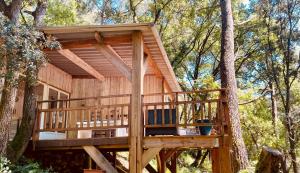 a tree house with a deck in the woods at Le chalet du Rêveur in La Gaude