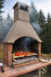 ein Außenofen, in dem Speisen zubereitet werden in der Unterkunft House sid forest in Otočac