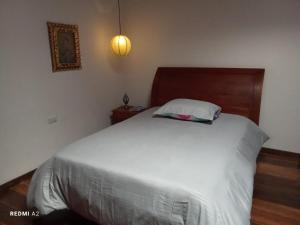 a bedroom with a bed with a pillow on it at La pequeña casa in Pijao