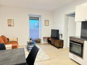 a living room with a couch and a television at Liya Apartments in Aiterhofen