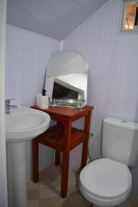 a bathroom with a sink and a toilet and a mirror at Complejo Orejano in Mercedes