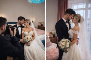 a bride and groom kissing in a hotel room at Mountain View "Green Apartment" in Mukacheve