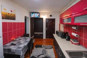 a kitchen with red walls and a tv on the wall at Apartament Magic Petroșani in Petroşani