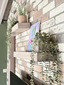 a brick wall with potted plants on it at Bloom Garden 3 in Mytilene