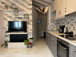 a kitchen with a flat screen tv on a brick wall at Bloom Garden 3 in Mytilene