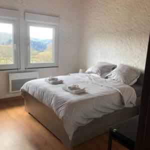 a bedroom with a large bed with two towels on it at LE PETIT RENARD in Dabo