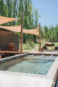 ein Schwimmbecken mit Überdachung und einem Picknicktisch in der Unterkunft Container House in Cacheuta