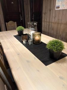 a table with a candle and potted plants on it at Cozy Couples or Family Retreat - Hemsedal in Hemsedal