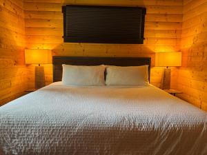 a bedroom with a white bed with two lamps at Explorer Creekside Cabin - Private Hot Tub in Golden