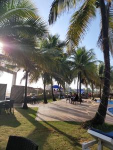 a row of palm trees next to a beach at Bamboo Beach Resorts in Paynesville