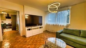 a living room with a green couch and a large television at Spacious 3-room apartment with balcony in Mönchengladbach