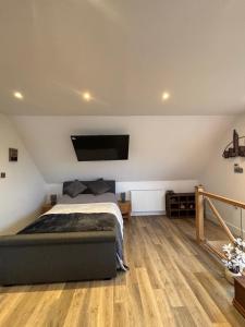 a bedroom with a bed and a flat screen tv at Tollgate Annexe in Ashford