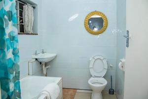 a bathroom with a toilet and a sink and a mirror at 1 bed apartment in Harare CBD in Harare