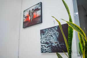 two framed pictures of a leopard on a wall at 1 bed apartment in Harare CBD in Harare