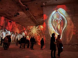 a group of people walking in a tunnel with a painting on the wall at La roulotte du petit paradis in Saint-Rémy-de-Provence +105 photos
