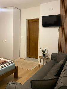 a living room with a couch and a television on a wall at Serana Stays Modern Rooms with Private Bathroom, Free WiFi & Parking, Central Pejë in Peje