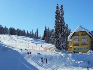 a group of people skiing down a snow covered slope at Burg Hotel Feldberg in Feldberg