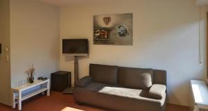a living room with a couch and a flat screen tv at Hotel Schachener Hof in Lindau