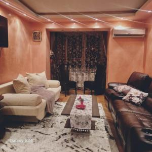 a living room with a couch and a coffee table at Downtown Cozy Retreat - parcare inclusa in Vatra Dornei