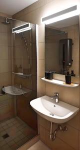 a bathroom with a sink and a shower and a mirror at Hotel Schachener Hof in Lindau