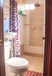 a bathroom with a toilet and a sink and a shower at Casa Dos Arbolitos in Ciudad Nezahualcóyotl
