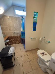 a bathroom with a toilet and a shower at Launie Lea Chambre d'Hotes in Eyzerac