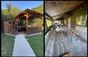 two pictures of a house with a porch and a patio at Apartament Amis tip Cabana in Poeni
