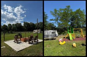 two pictures of a park with a playground at Apartament Amis tip Cabana in Poeni +10 photos