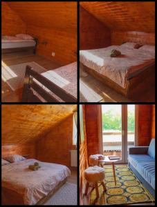 four pictures of a bedroom with two beds and a table at Apartament Amis tip Cabana in Poeni