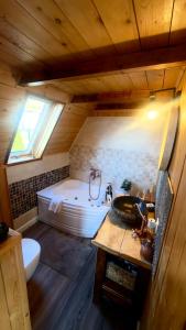 a bathroom with a tub and a toilet and a sink at Triangle House Parang in Petroşani +34 photos