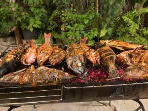 a bunch of different types of seafood on a grill at Thilavaru Inn in Dhangethi