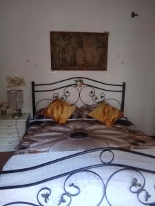 a bed with a metal headboard and pillows on it at Villa Rosa in Acqualagna