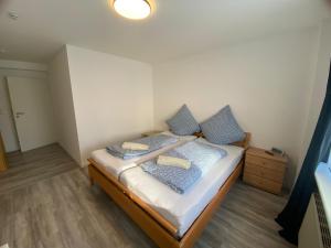 a bedroom with a bed with blue pillows at Möwennest in Barsbek
