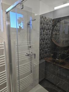 a shower with a glass door in a bathroom at Kékszilva Vendégház in Pap +41 photos