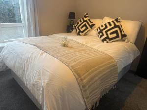 a large white bed with pillows on top of it at Ebrington apartment central in Clooney Park +8 photos